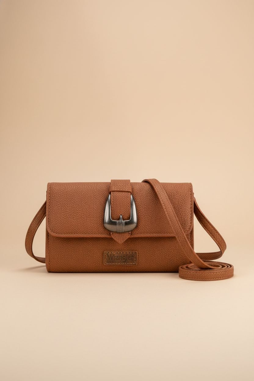 Montana West Flap Crossbody Purse displayed on a seamless backdrop, highlighting buckle and leather craftsmanship.