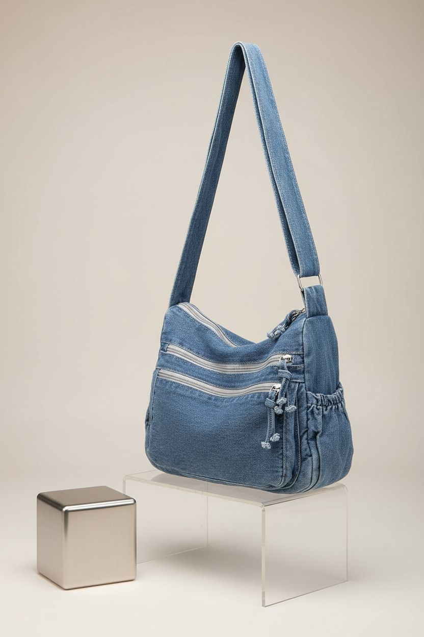 Product shot of Twievo light blue denim purse, highlighting its texture and design