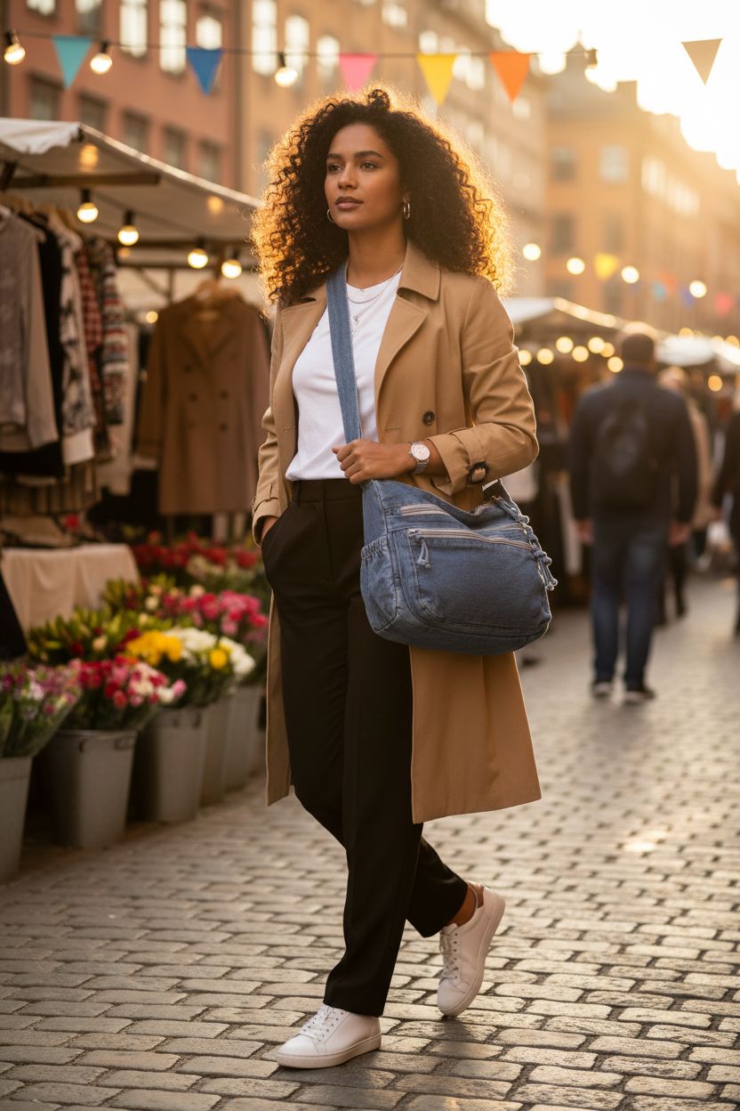 Twievo light blue denim tote bag worn crossbody, perfect for casual outings