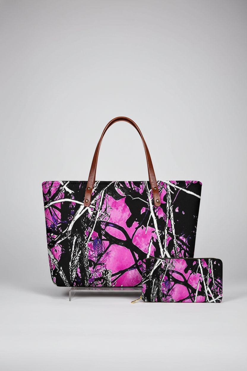 FKELYI pink camouflage designer handbag set against a light gray backdrop, showcasing its elegant design and material quality.