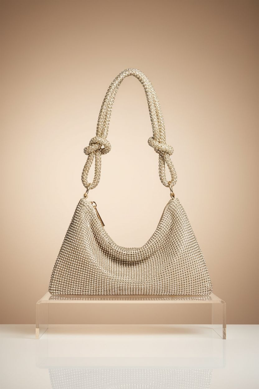 YUWITA glittering gold rhinestone evening bag on a studio backdrop.