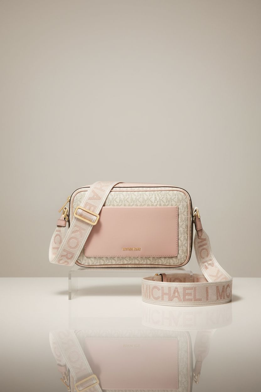 Michael Kors Maeve Large Pocket Crossbody Bag displayed on a clean studio set, highlighting its detailed craftsmanship.