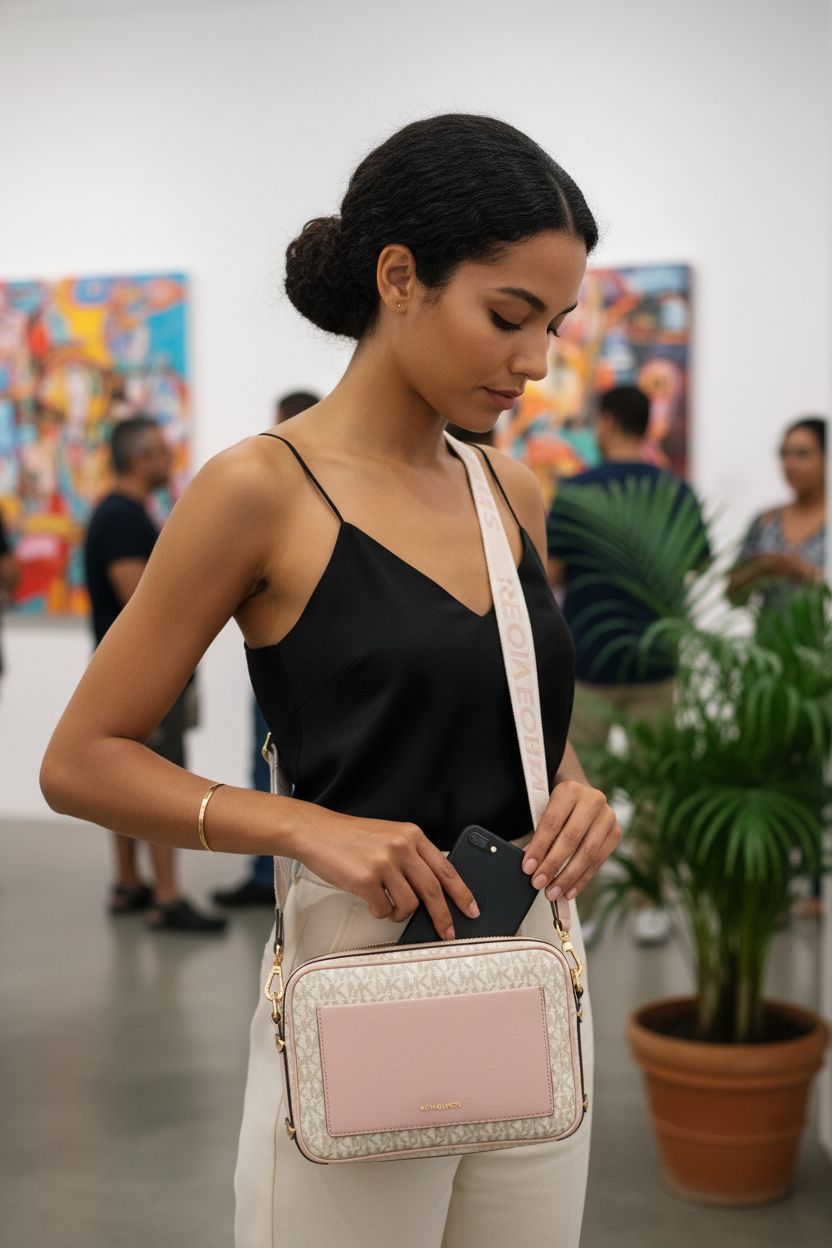 Michael Kors Maeve Large Pocket Crossbody Bag in gold-tone hardware, vanilla, and soft pink, styled for gallery event.