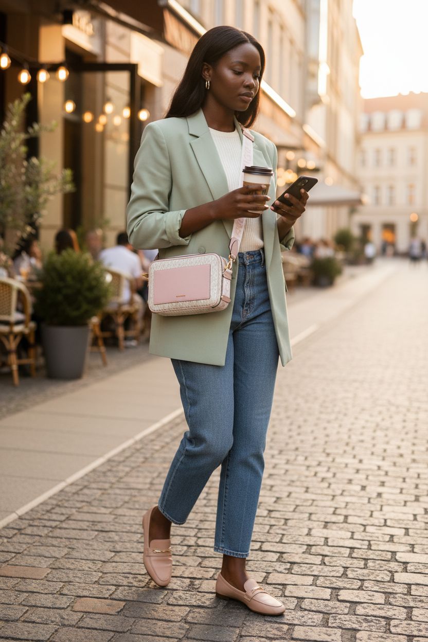 Michael Kors Maeve Large Pocket Crossbody Bag featured in a sunny brunch setting with logo tape strap detail.