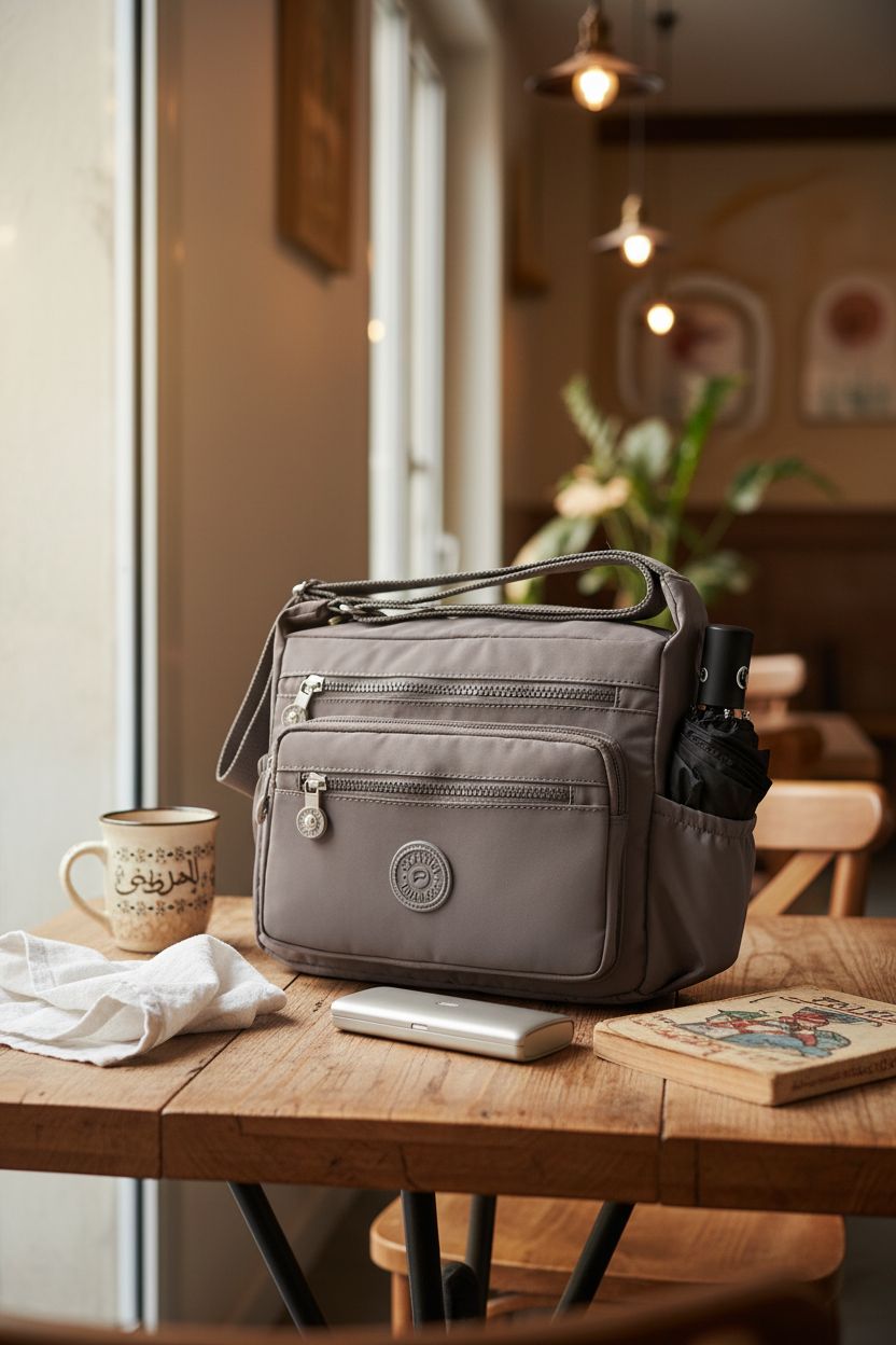 Stylish Pealwel grey bag on wooden table, showcasing pockets for daily essentials.