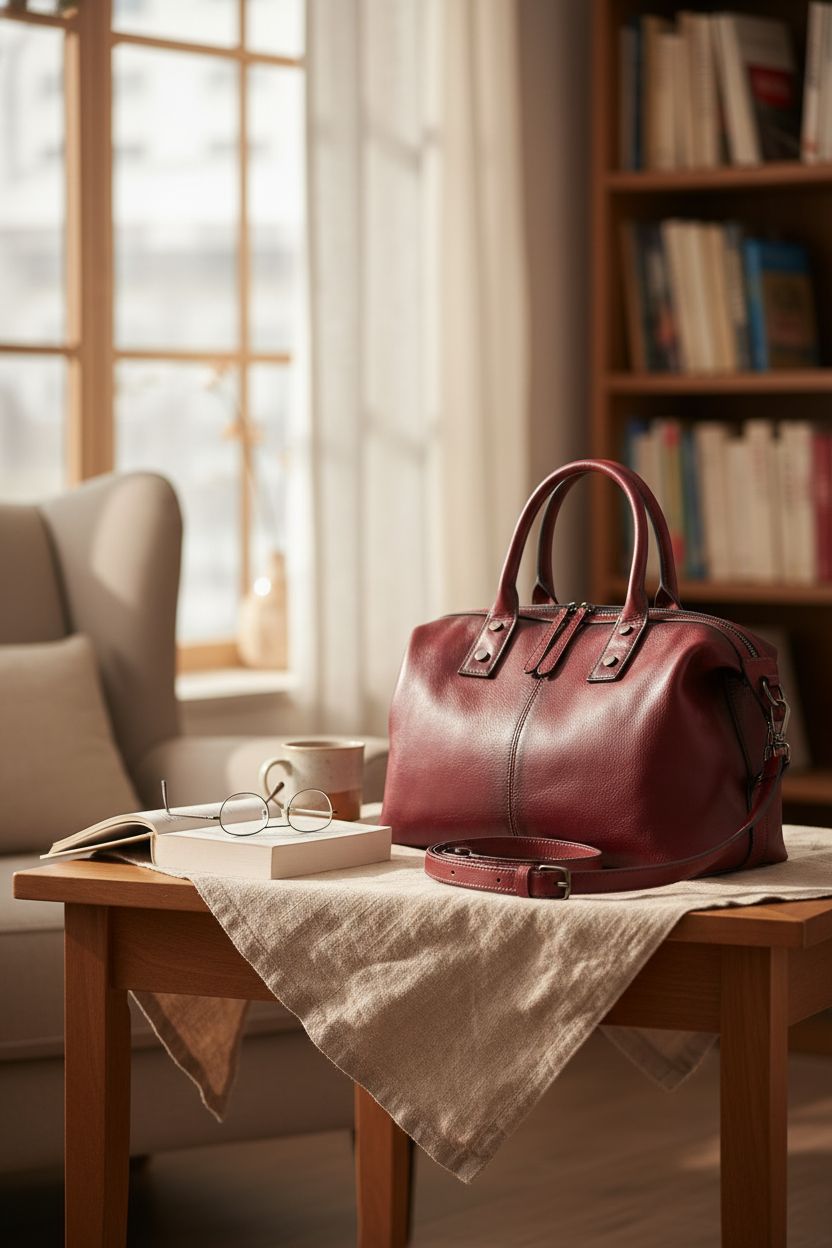 Iswee wine red satchel on a cozy table, perfect for relaxed mornings