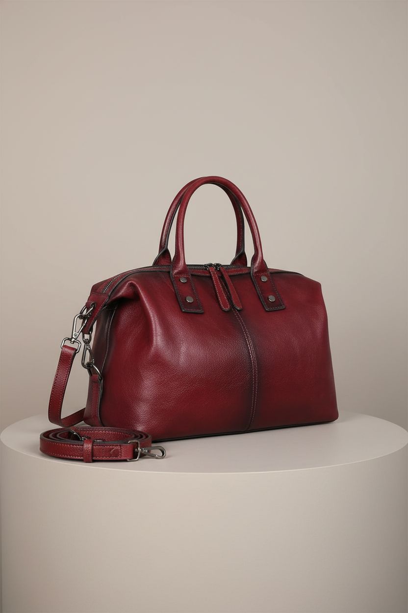 Iswee genuine leather red satchel bag on a gray backdrop, showcasing its texture