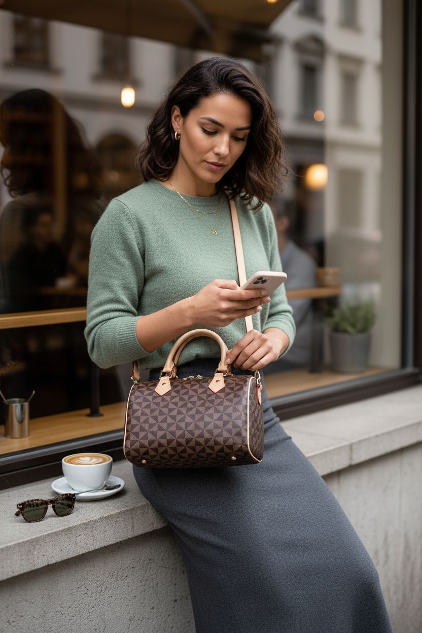 Lacel Urwebin designer crossbody bag in apricot, showcasing vegan leather texture and top handle.
