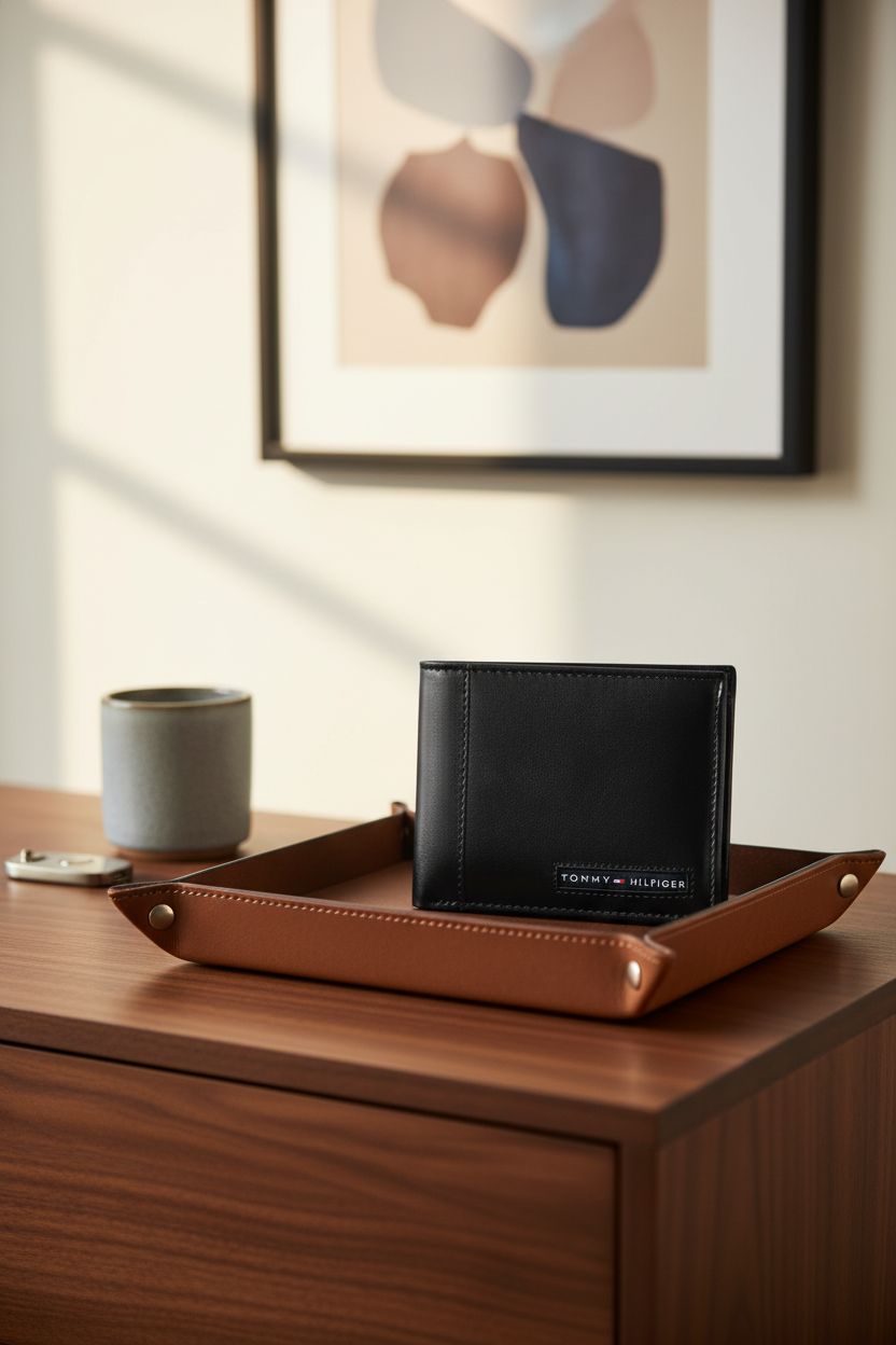 Tommy Hilfiger black leather wallet resting in a valet tray, highlighting its texture and elegance in a cozy setting.