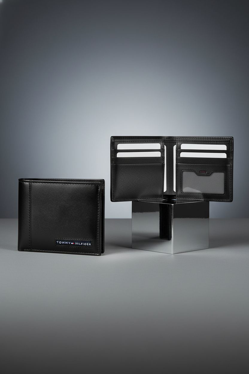 Tommy Hilfiger men's black leather wallet displayed to show card slots and removable passcase in a studio setup.