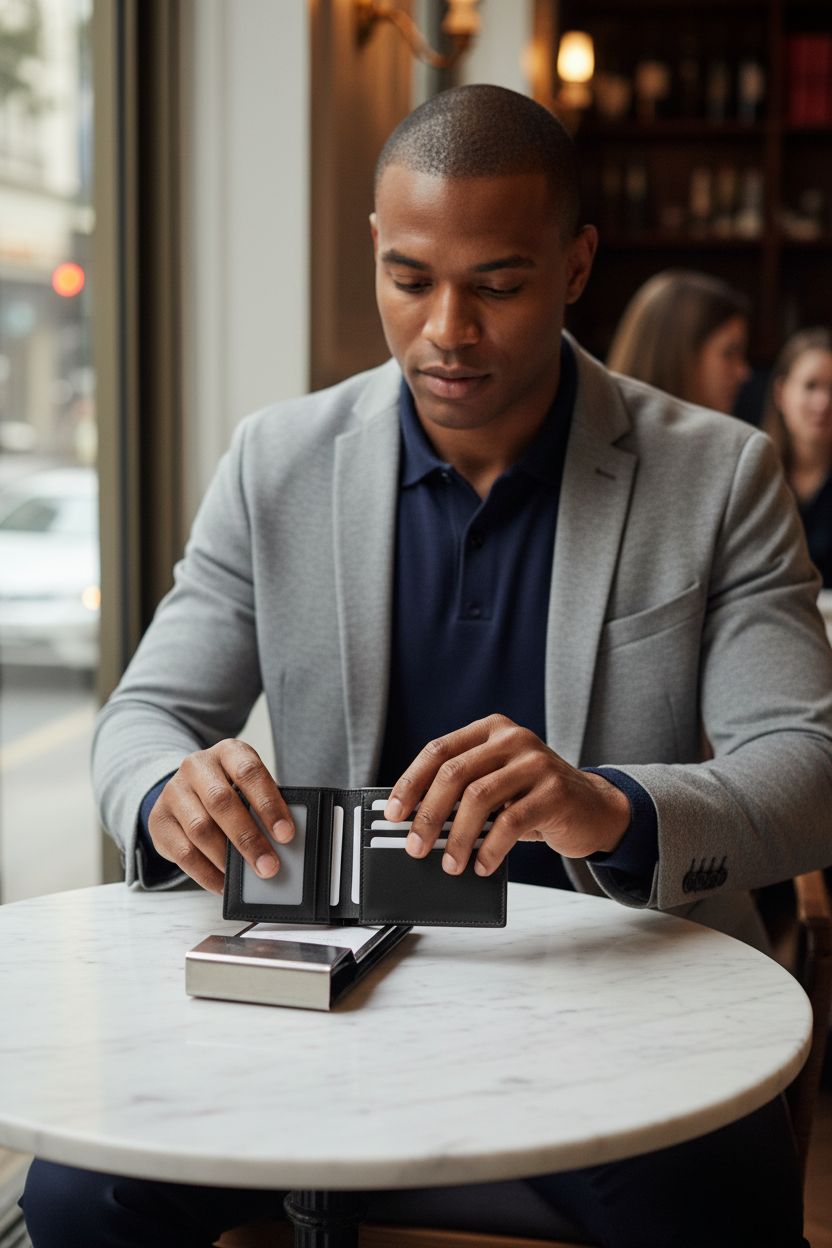 Tommy Hilfiger men's slim bifold leather wallet with ID window, showcasing card slots and black finish.