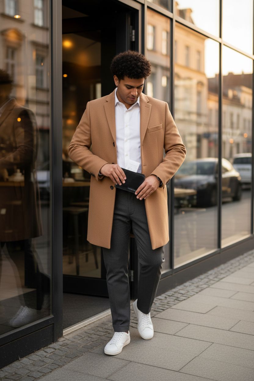 Tommy Hilfiger black leather wallet being tucked into a coat pocket, showing its sleek design and practicality.
