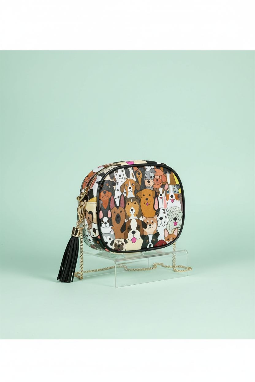 ALAZA PU Leather dog print purse displayed in a studio with soft pastel background