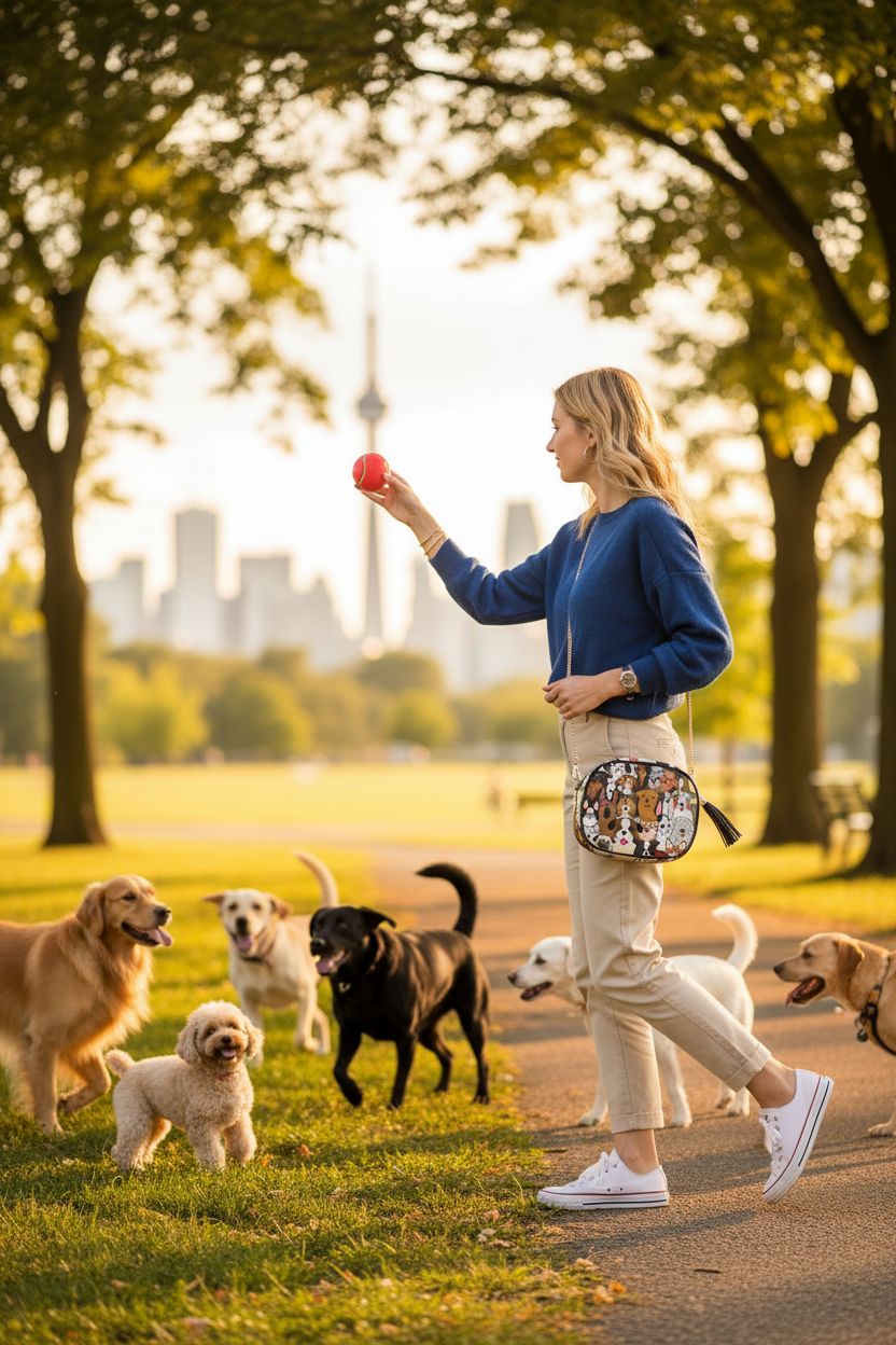 ALAZA PU Leather small crossbody bag with colorful dog print in a sunny park setting