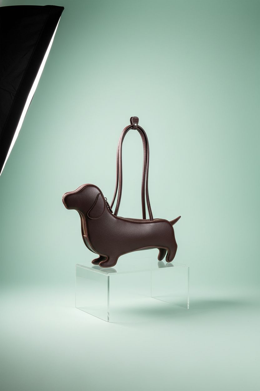 Close-up of Dansydaisy Dachshund bag highlighting PU leather texture and design details.