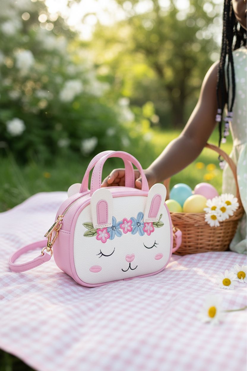 Mibasies bunny purse set for a spring picnic with eggs and flowers.