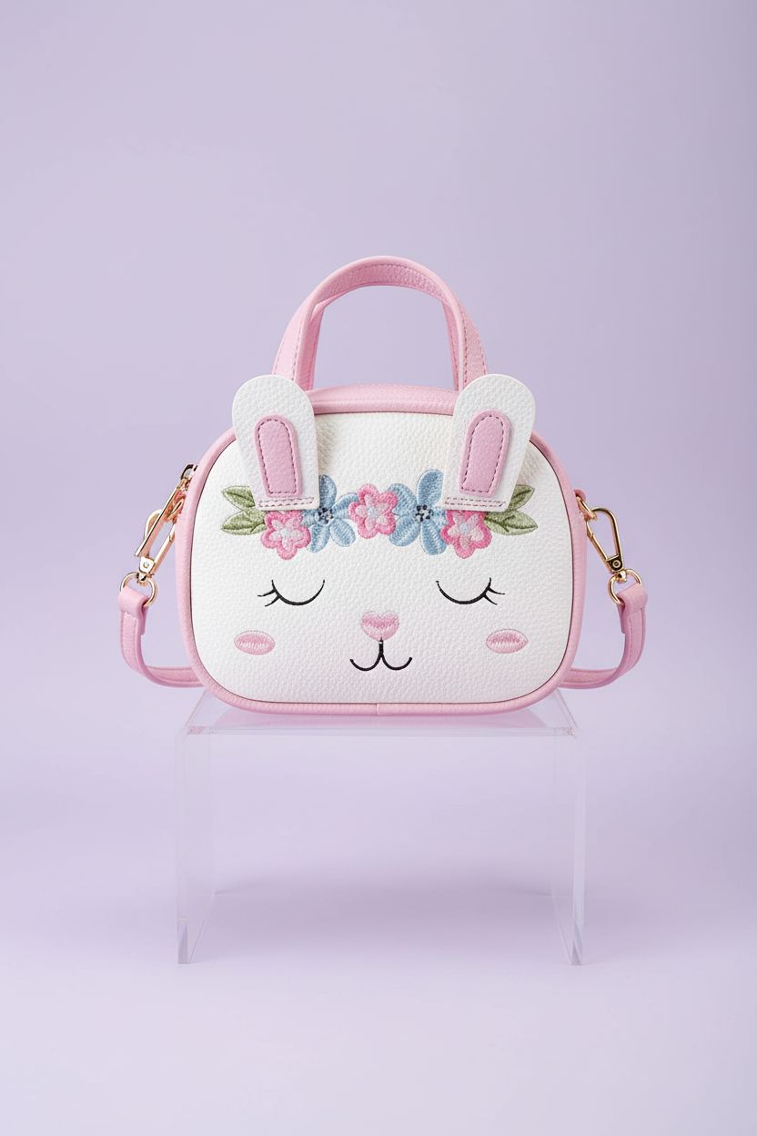 Mibasies bunny purse showcasing texture and design on pastel background.