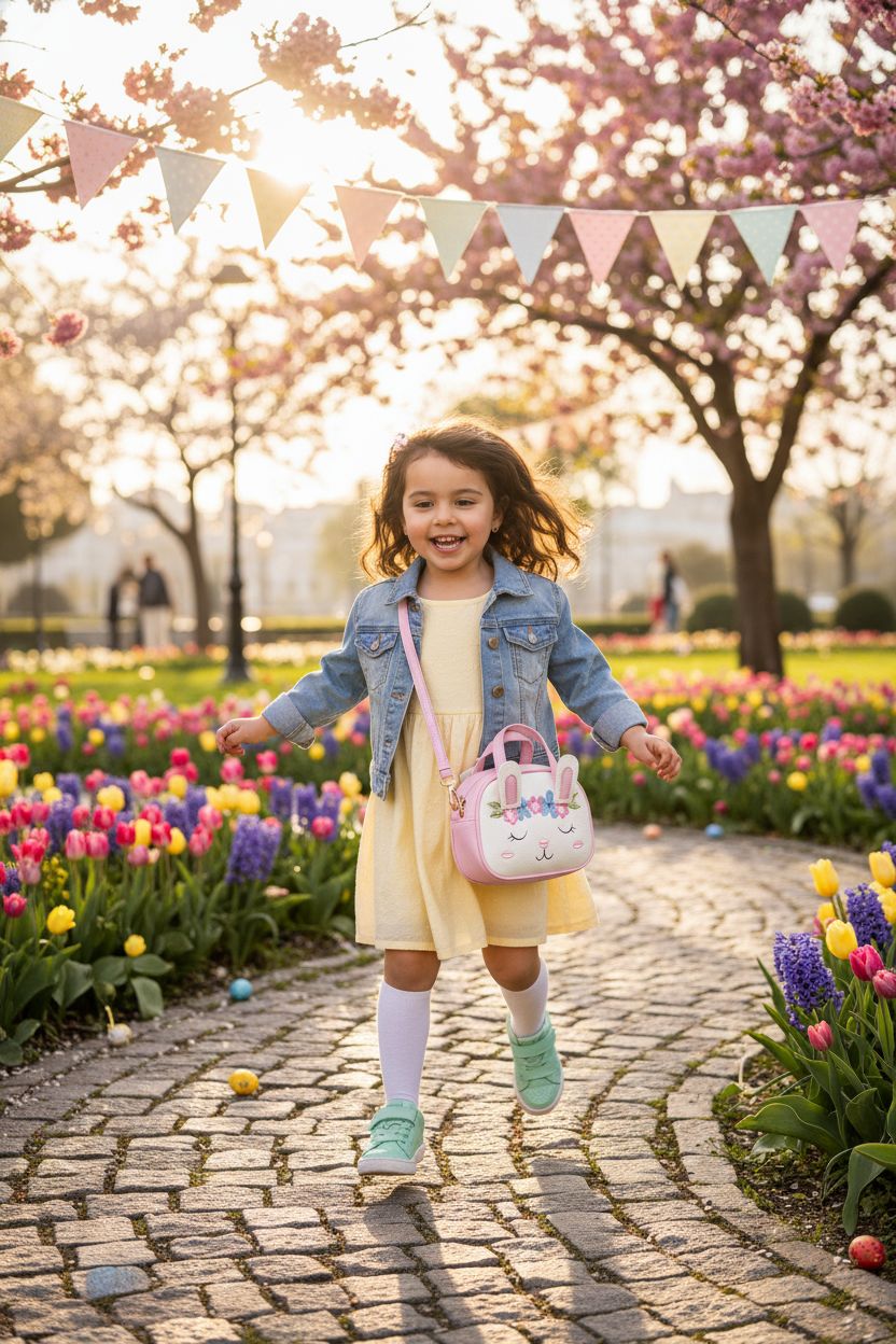 Mibasies toddler bunny purse in spring park, perfect for Easter egg hunts.