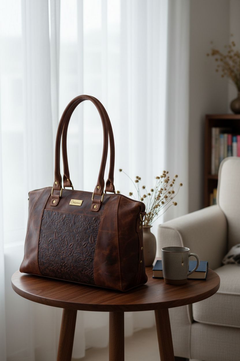 VALENCHI tote bag on side table in cozy reading nook with floral decor