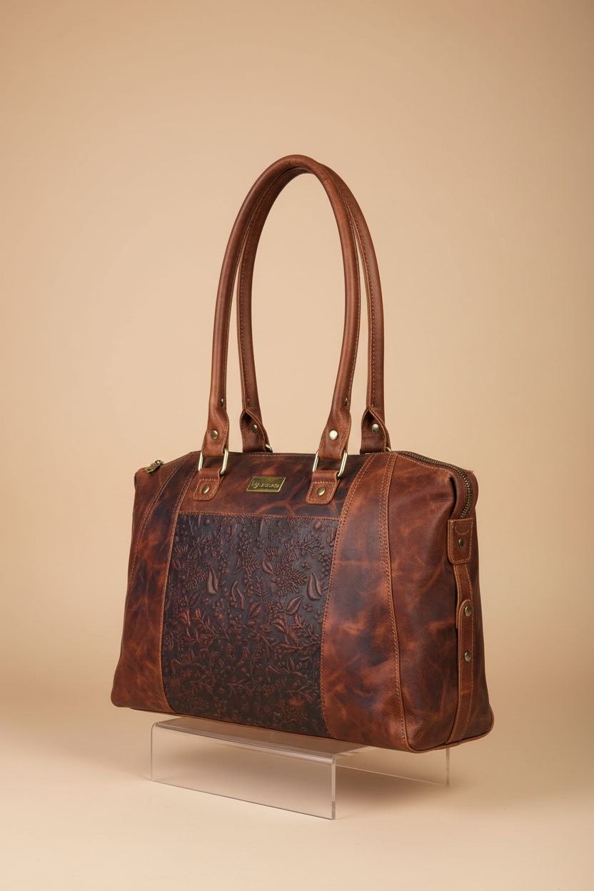 VALENCHI embossed leather tote bag showcased in studio lighting