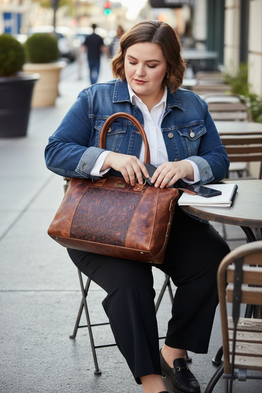 VALENCHI brown tote bag on bistro table with notebook and phone