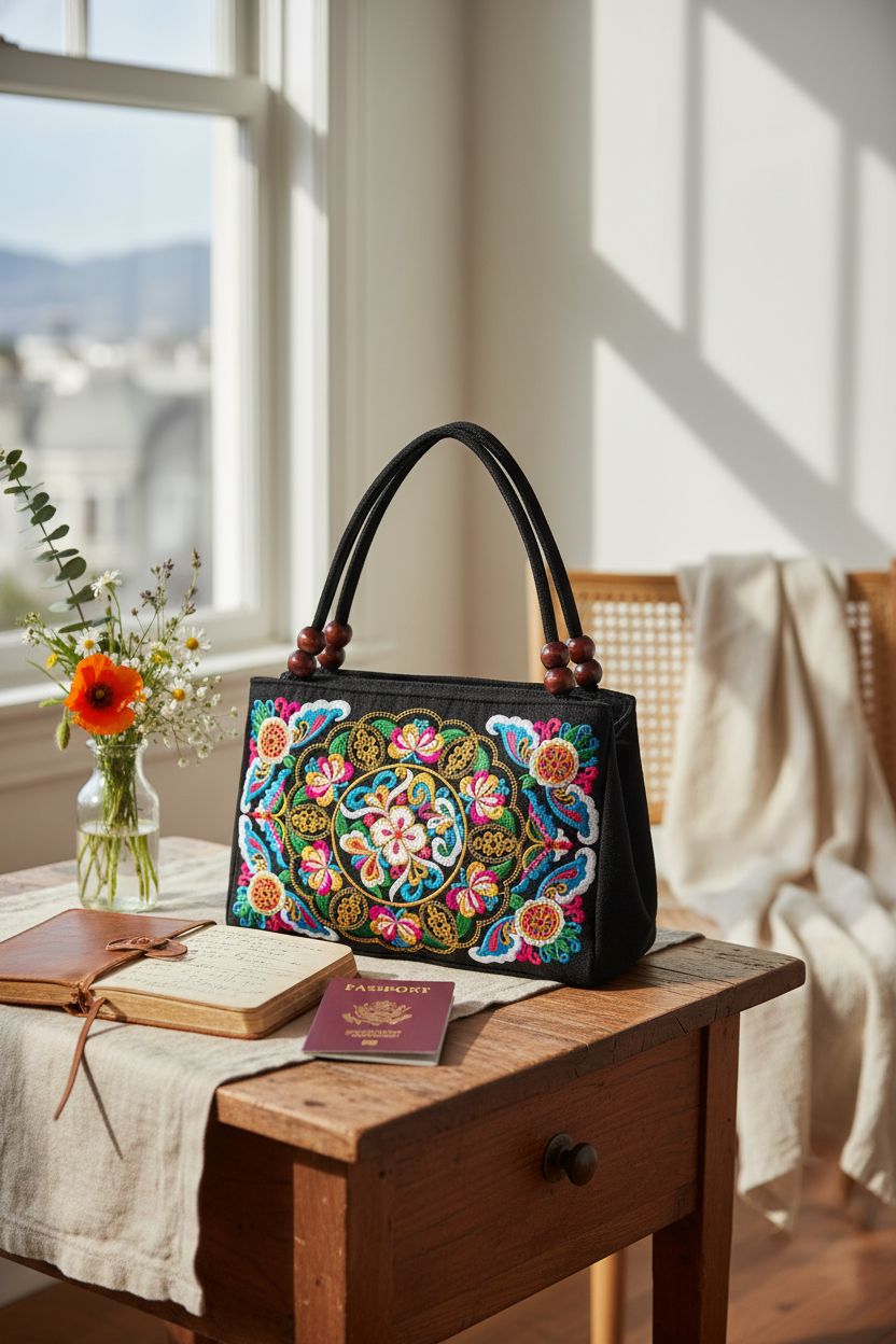Jursccu embroidered purse in a cozy reading nook, enhancing the bohemian atmosphere with its design.