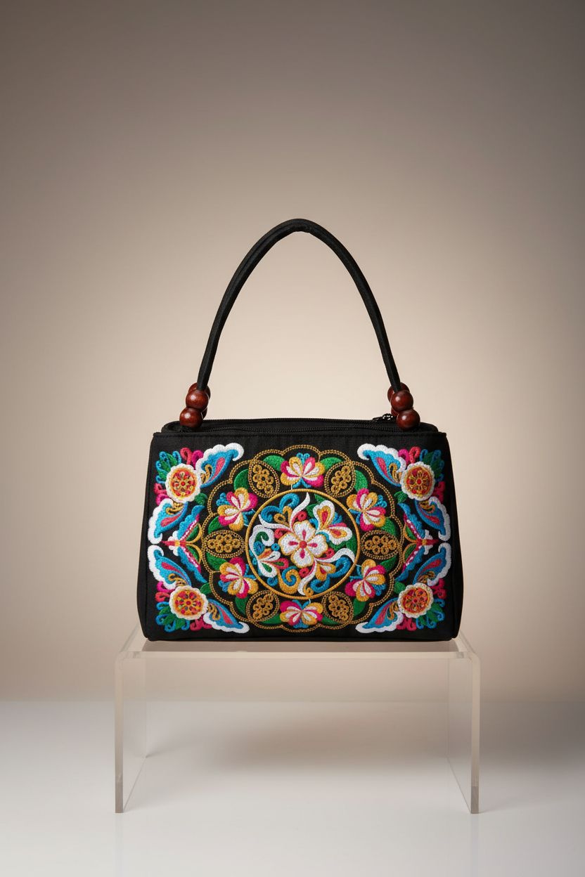 Front view of Jursccu small embroidered purse on a gray background, highlighting its intricate design.