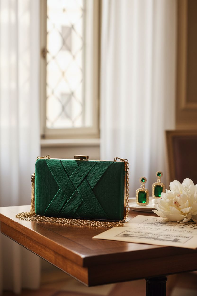 Jadive emerald green handbag displayed elegantly on a walnut table, perfect for adding sophistication to your look.