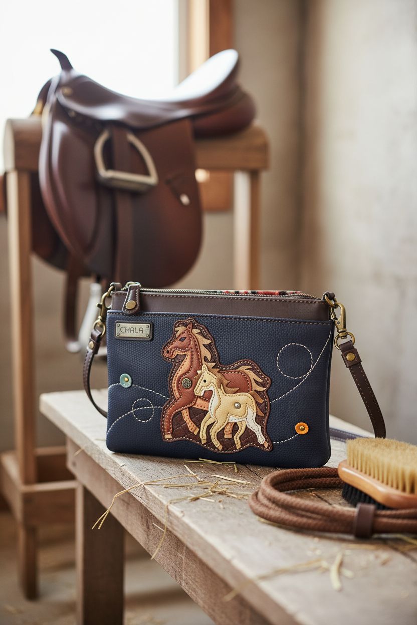 Navy CHALA purse on barn-wood bench in cozy tack room, showcasing its horse-and-foal applique
