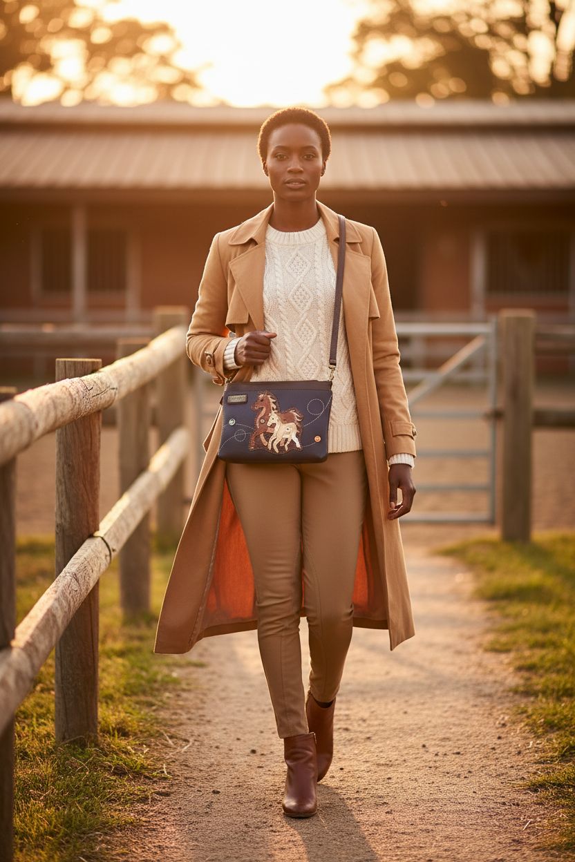 Navy CHALA Mini Crossbody purse with brass hardware in rustic stable setting, perfect for equestrians