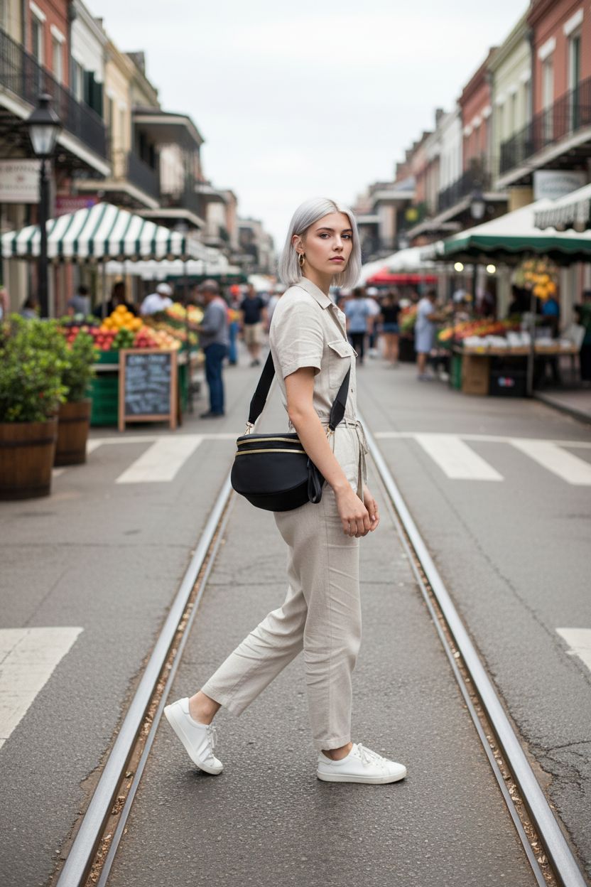 Hitnow extra long crossbody bag in black nylon, styled at a vibrant market, showcasing adjustable strap