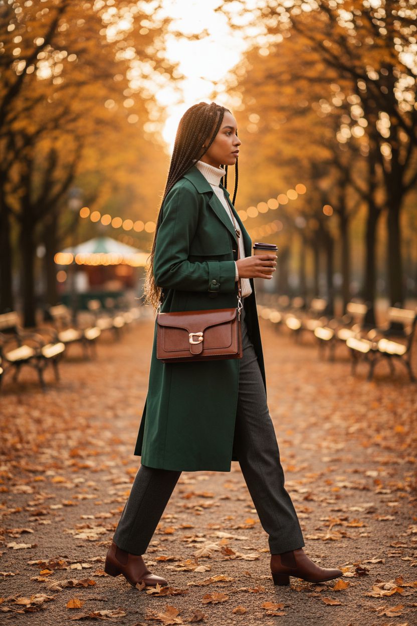 Travistar small crossbody bag in brown, ideal for autumn strolls in the park.