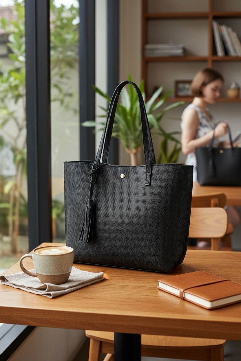 Cozy scene with Dreubea Women's black faux leather tote beside a latte in a quaint café
