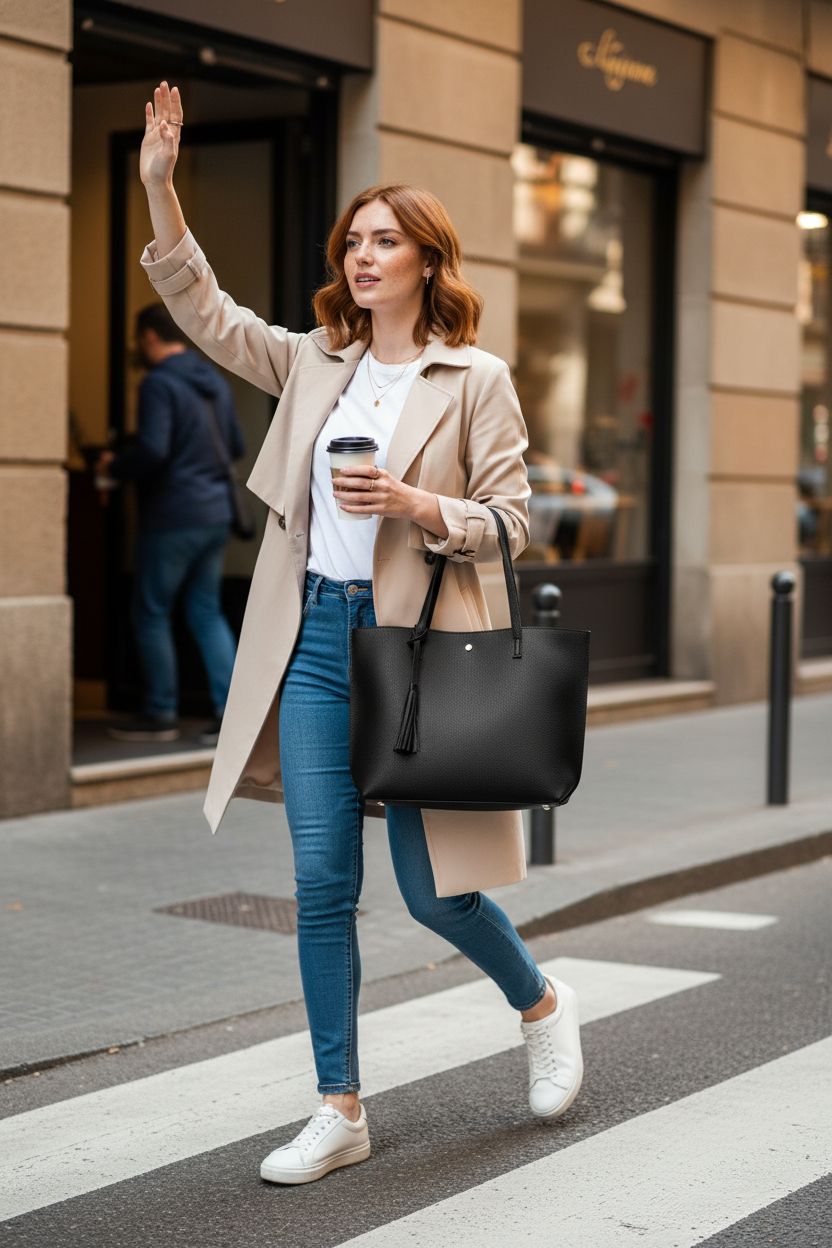 Dreubea Women's black faux leather tote bag with tassel, stylishly carried during an urban commute