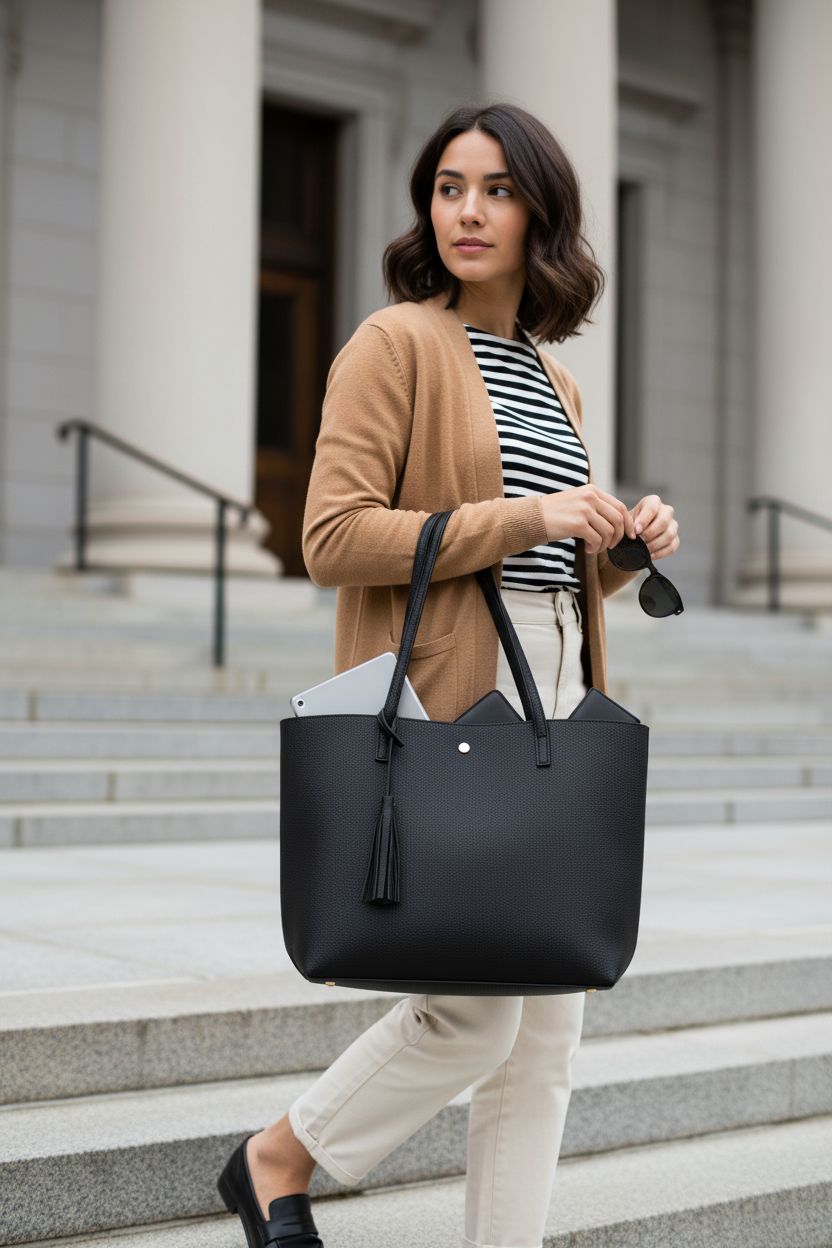 Dreubea Women's black faux leather tote shoulder bag on a library step, perfect for a day out