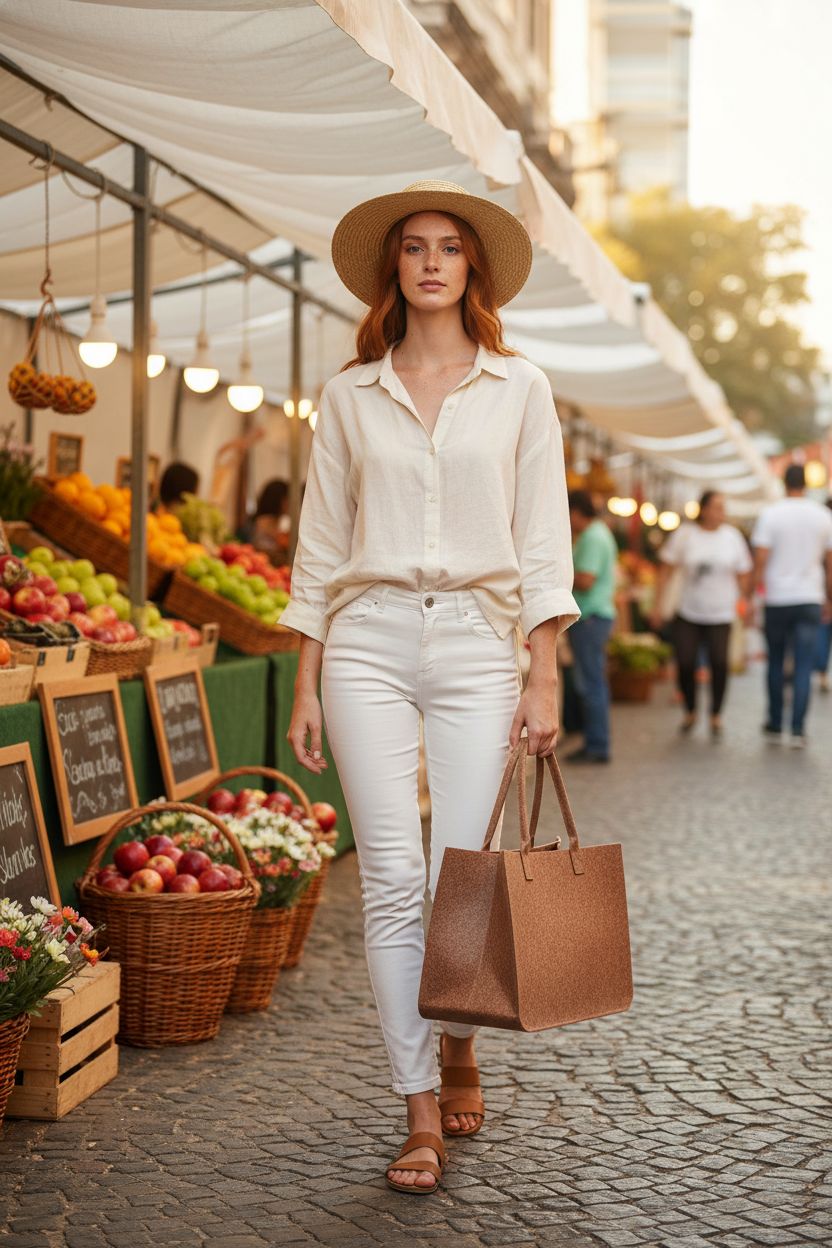 MEIANJU lightly brown felt tote bags at a vibrant farmers market, ready for fresh produce