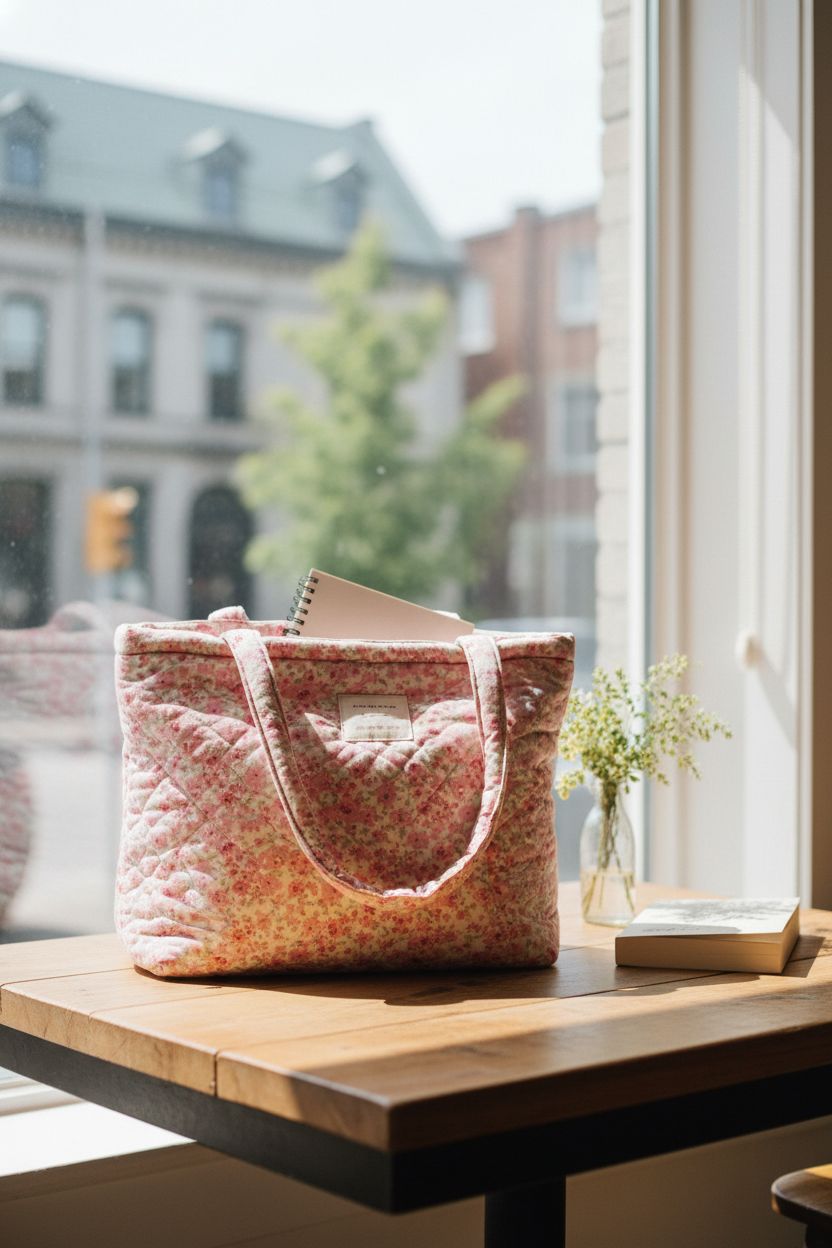 Pink floral quilted bag by MSGHER resting on a café table, perfect for stylish relaxation.