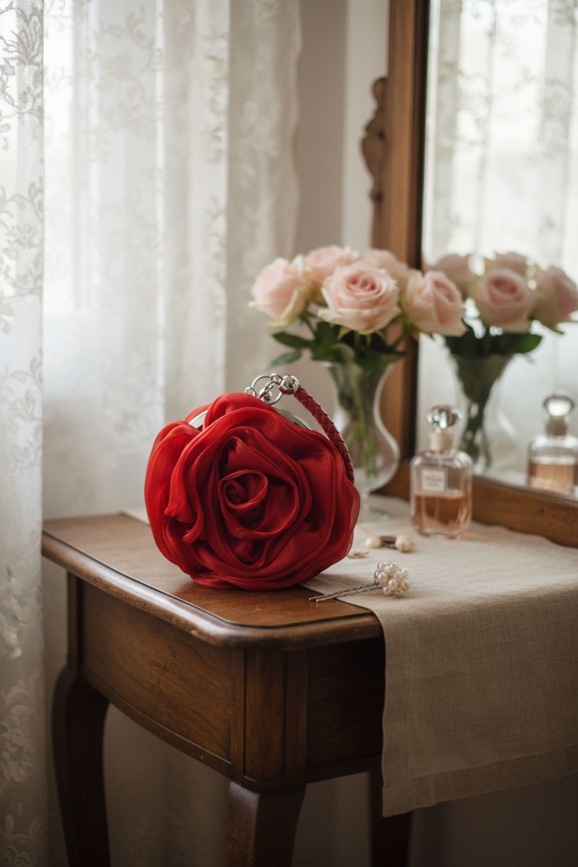 Goclothod red satin rose handbag on a vintage vanity, surrounded by romantic decor and soft lighting.