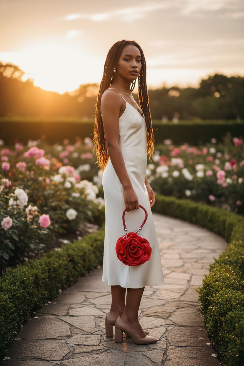 Goclothod red satin rose shaped clutch at a garden wedding, beautifully contrasting with greenery.