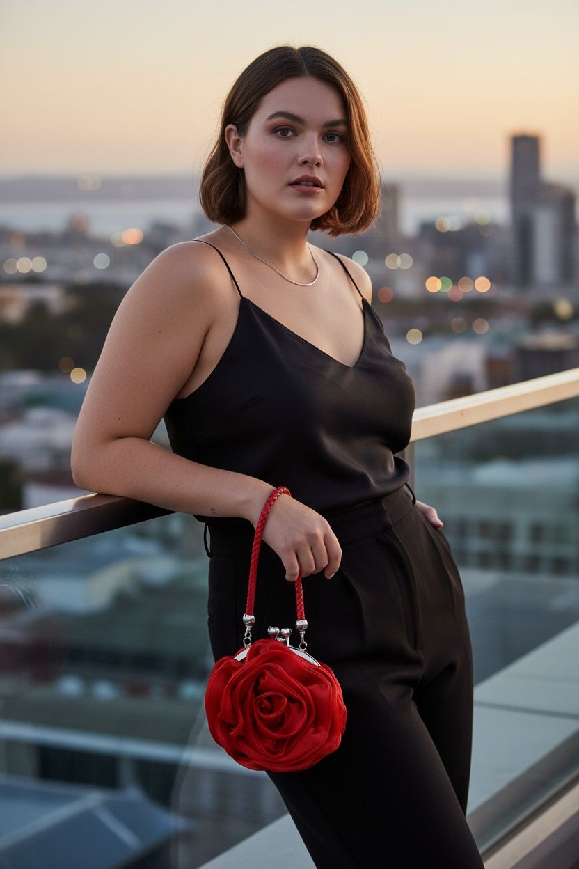 Goclothod red satin rose clutch showcased on a rooftop terrace at dusk, adding flair to evening outfits.