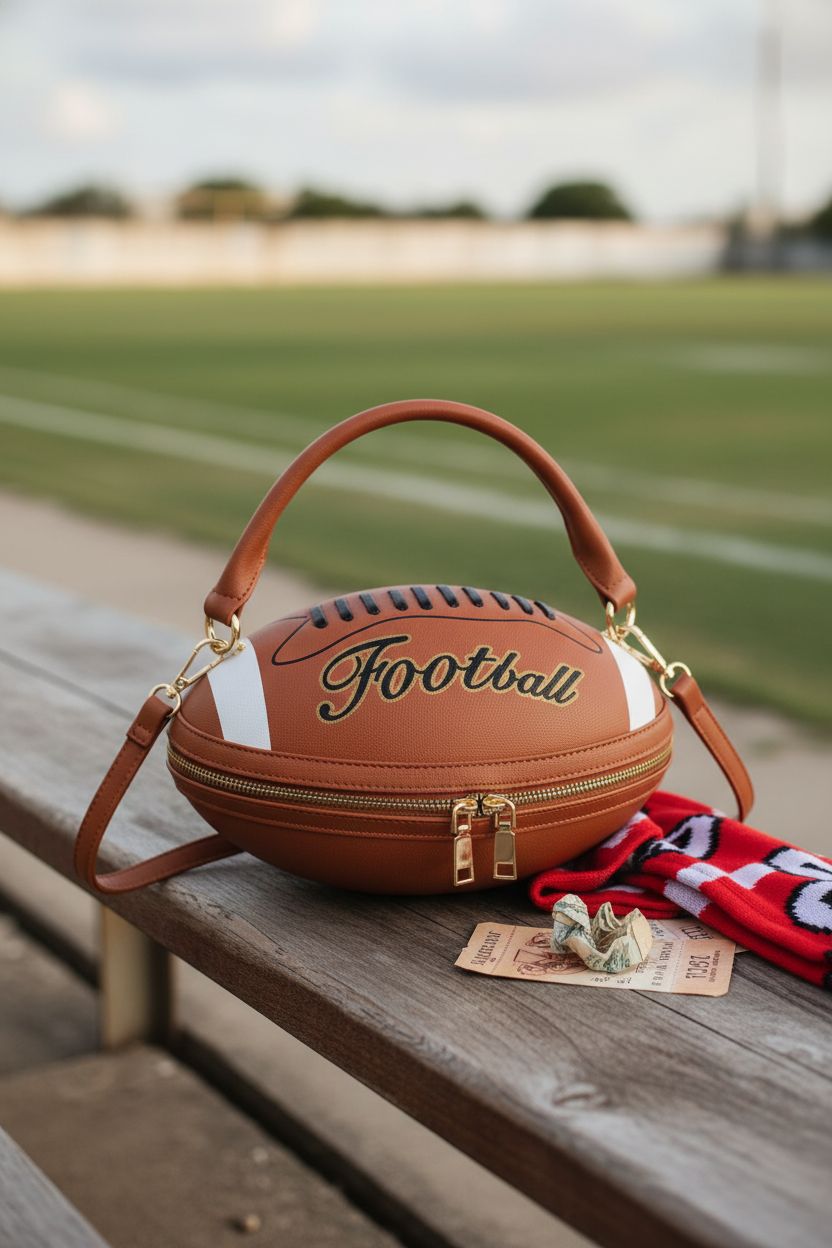 ENJOININ football purse beside team scarf and tickets on rustic bleachers.