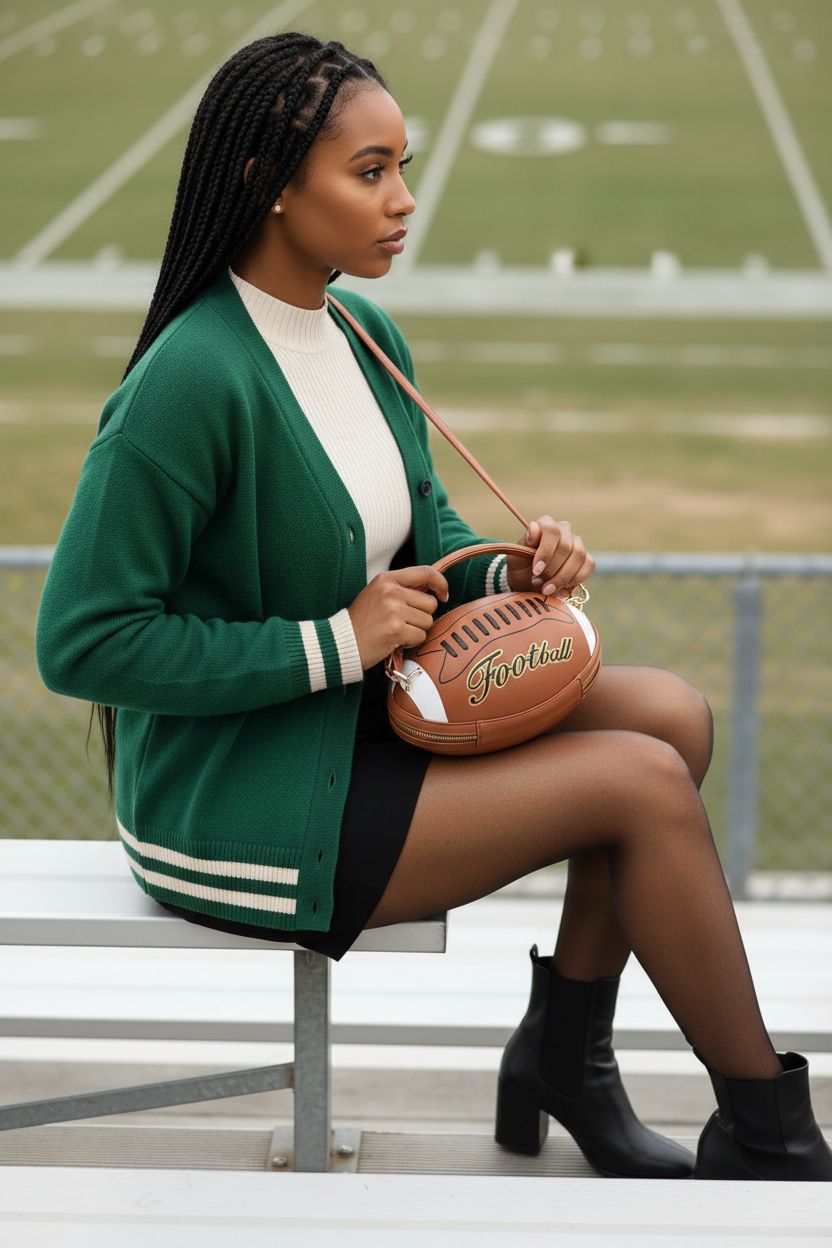 ENJOININ brown rugby football purse resting on a lap in a stylish setting.