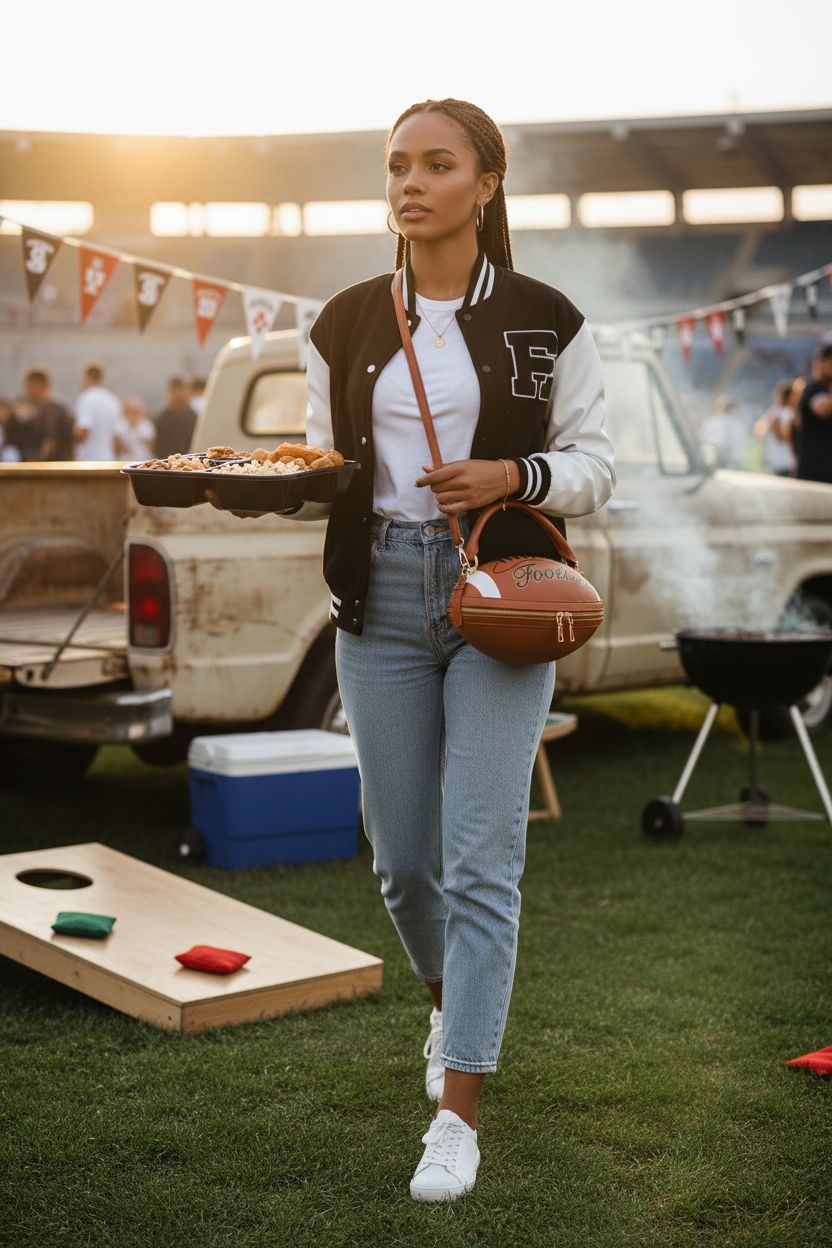 ENJOININ novelty football purse worn crossbody at a vibrant tailgate.
