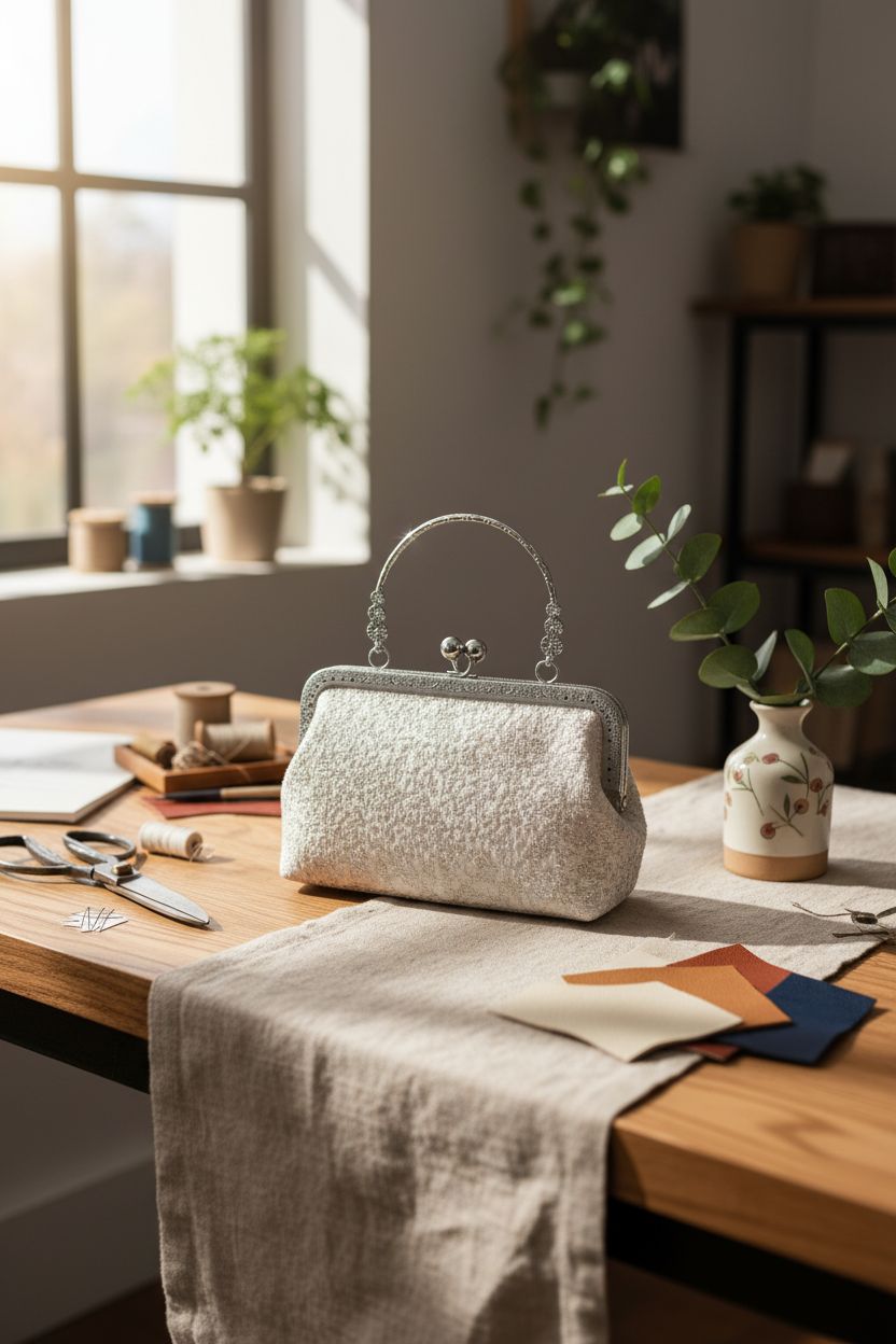 Artisan workspace showcasing JJYHEHOT handbag frame amidst sewing tools and leather swatches.