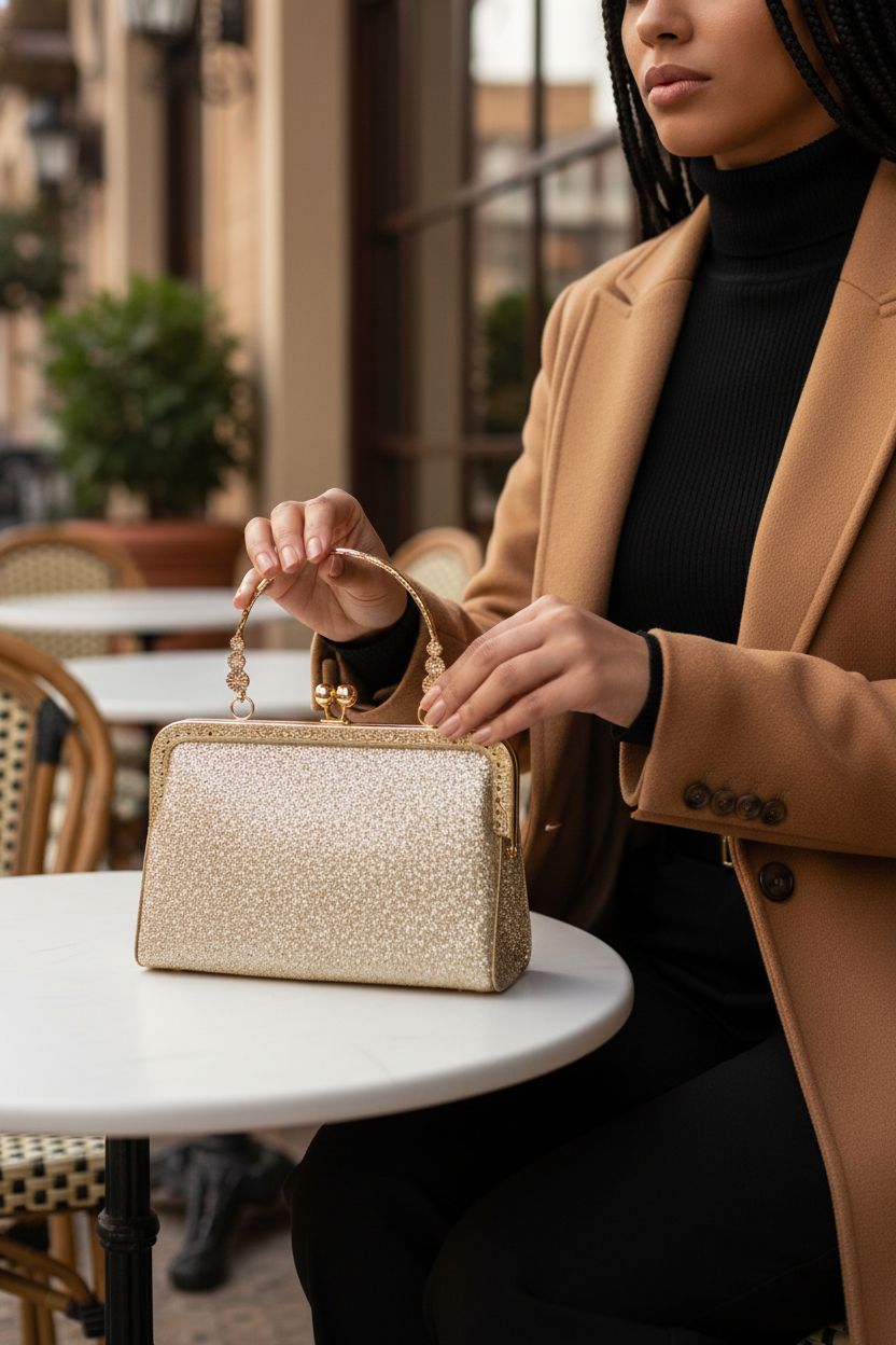 Elegant JJYHEHOT frame handbag with engraved arch handle on a café table.