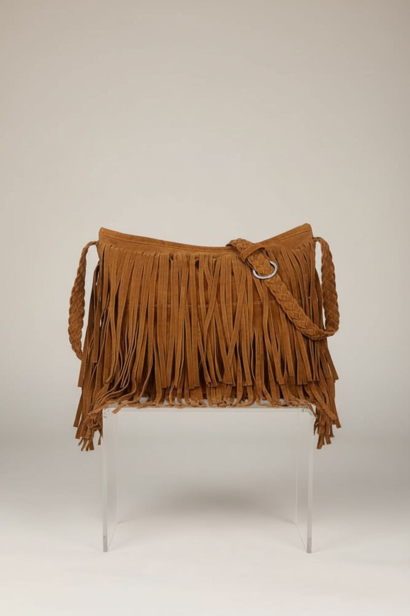 Product shot of AdiStylinno fringe purse, highlighting suede texture and tassels