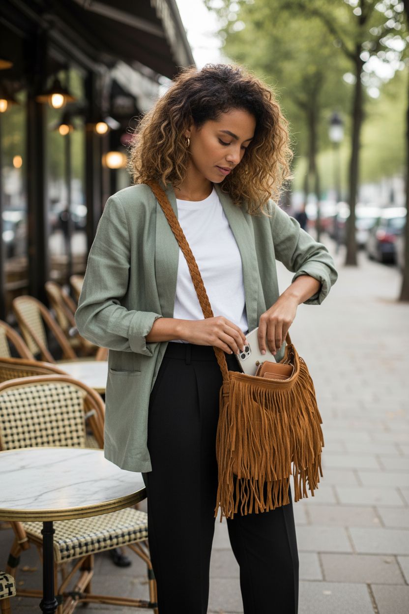 AdiStylinno suede fringe purse on a café table, showcasing woven strap and tassels