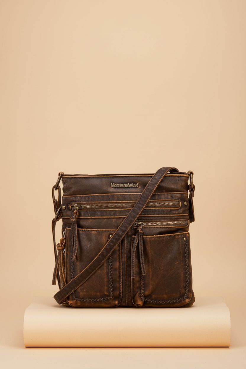 Montana West crossbody bag showcasing vegan leather and stylish design in studio light.