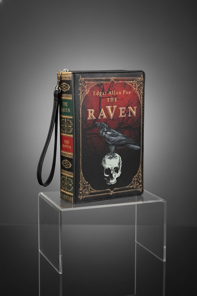 The Raven book-shaped clutch purse by Things2Die4, featured on a clean studio backdrop.