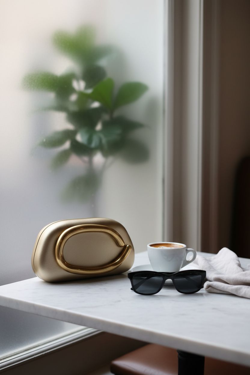 Tasysain gold clutch resting in a cozy café, alongside an espresso and sunglasses